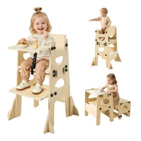 Toddler Tower, Wooden, Adjustable Kitchen Step Stool for Kids 1-5, Montessori Weaning Table and Chair Set, Learning Standing Tower with Chalkboar