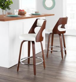 Mid-Century Modern Counter Stool with Swivel in Cherry and White Faux Leather - Set of 2