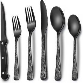24-Piece Black Silverware Set with Steak Knives, Black Flatware Set for 4, Food-Grade Stainless Steel Tableware Cutlery Set