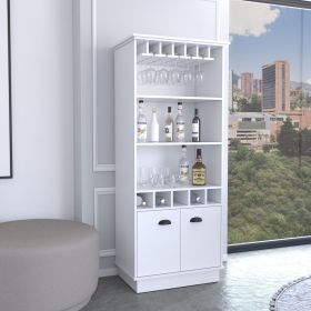 Dundee 70-Inch High 10-Glass Bar Cabinet with 5 Cubbies and 3 Open Shelves and Cabinet White