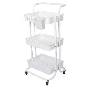 3 Tier Rolling Utility Cart Movable Storage Organizer with Mesh Baskets Lockable Wheels 360 Degree Rotatable Hanging Box Hooks Bedroom Bathroom Kitche (Option: Cart3TierWhite)
