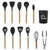 11Pcs Silicone Cooking Utensil Set Heat Resist Wooden Handle Silicone Spatula Turner Ladle Spaghetti Server Tongs Spoon Egg Whish Kitchenware Set w/ H