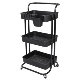 3 Tier Rolling Utility Cart Movable Storage Organizer with Mesh Baskets Lockable Wheels 360 Degree Rotatable Hanging Box Hooks Bedroom Bathroom Kitche (Option: Cart3TierBlack)