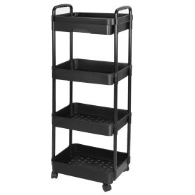 4 Tier Rolling Utility Cart Movable Storage Organizer with Drawer Lockable Wheels 360 Degree Rotatable Hallow Design for Bedroom Bathroom Kitchen (Option: RollCartBlack4Tier)