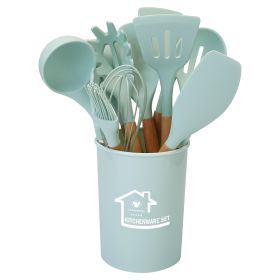 11Pcs Silicone Cooking Utensil Set Heat Resist Wooden Handle Silicone Spatula Turner Ladle Spaghetti Server Tongs Spoon Egg Whish Kitchenware Set w/ H (Option: UtensilSetLightGreen)