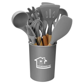 11Pcs Silicone Cooking Utensil Set Heat Resist Wooden Handle Silicone Spatula Turner Ladle Spaghetti Server Tongs Spoon Egg Whish Kitchenware Set w/ H (Option: UtensilSetGrey)