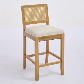 Set of 2 Full Solid Rubberwood Rattan Back Bar Stools, Matte Linen Upholstered Counter Height Stools with S-Spring Cushion, Rustic Natural Counter Cha (Option: OLFC0049)