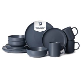 12-Piece Stoneware Dinnerware Sets with Mugs | Microwave & Dishwasher Safe | Non-Toxic Dinner Plates Bowls Set | Stackable Matte Glaze Kitchenwar (Main Material: Stone, Main Color: Blue)